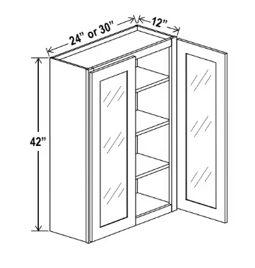 W3042GD - Wall Glass Door Cabinet - 30"W x 42"H x 12"D -2D- 2S