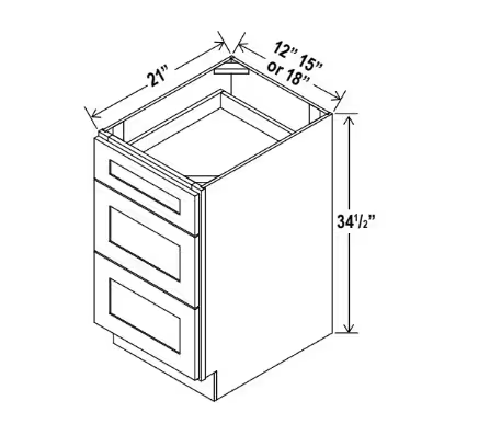 3VDB15 - Vanity Drawer Base Cabinet - 12"W x 34 1/2"H x 21"D - 3 DRW