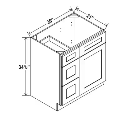 V3021DL - Vanity Sink Base - 30"W x 34 1/2" x 21"D - 1D 3 Left DRW