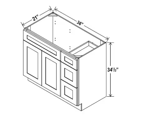 V3621DR - Vanity Sink Base - 36"W x 34 1/2" x 21"D - 1D 3 Right DRW