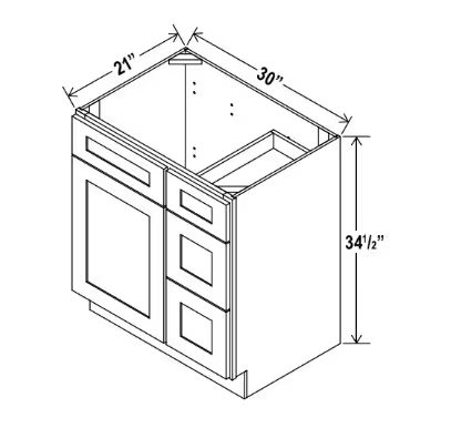 V3021DR - Vanity Sink Base - 30"W x 34 1/2" x 21"D - 1D 3 Right DRW